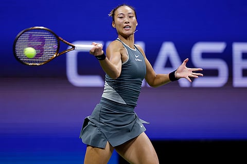2024 US Open quarterfinals: Zheng Qinwen, of China, returns to Aryna Sabalenka, of Belarus